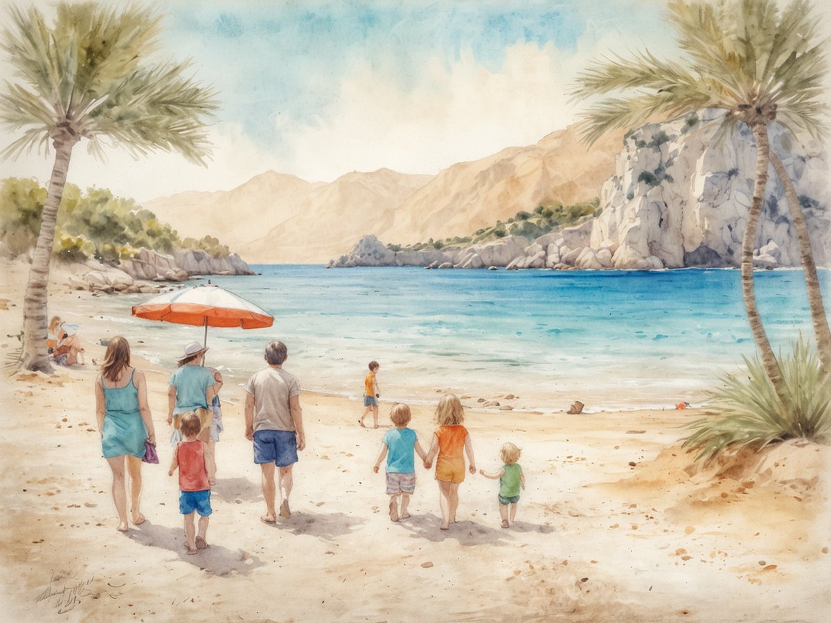 Eine Familie mit mehreren Kindern spaziert an einem familienfreundlichen Strand in Cala Murada entlang. Im Hintergrund sind kristallklares Wasser und sanfte Wellen zu sehen, während hohe Felsen und grüne Hügel die Küste umgeben. Ein Schirm mit orangefarbigem Waschbecken bietet Schatten für die Familie, die in bunten Badeanzügen gekleidet ist. Die Sonne scheint hell am Himmel, und das Bild strahlt eine fröhliche Urlaubsatmosphäre aus.