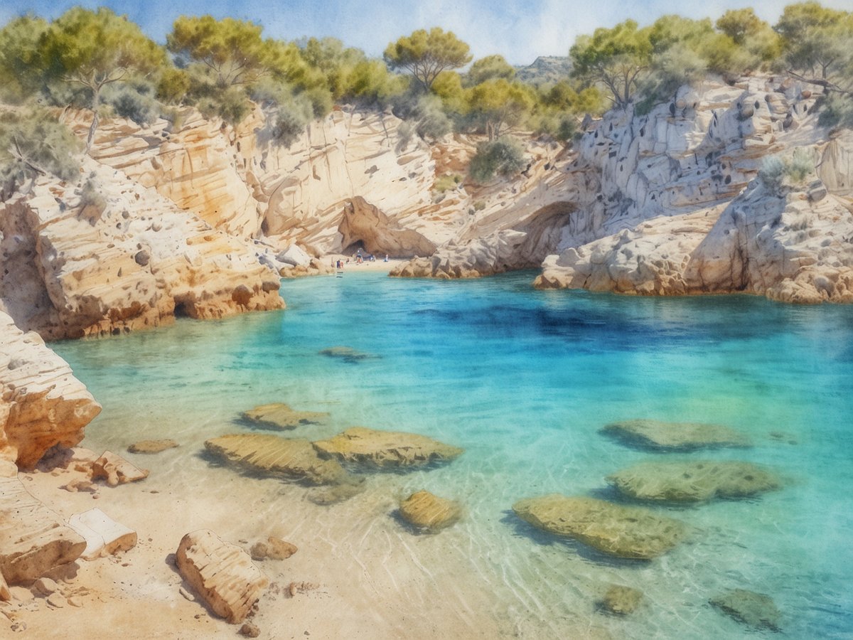 Klares, türkisfarbenes Wasser umgibt die sanften, hellen Felsen einer abgelegenen Bucht, umgeben von üppigem Grün der Bäume. Im Hintergrund sind einige Menschen am Strand zu sehen, die das kleine Paradies von Cala Sant Vicenç genießen. Die malerische Kulisse aus steilen Felsen und dem glitzernden Wasser schafft eine friedliche Atmosphäre, ideal für einen entspannten Tag in der Natur.