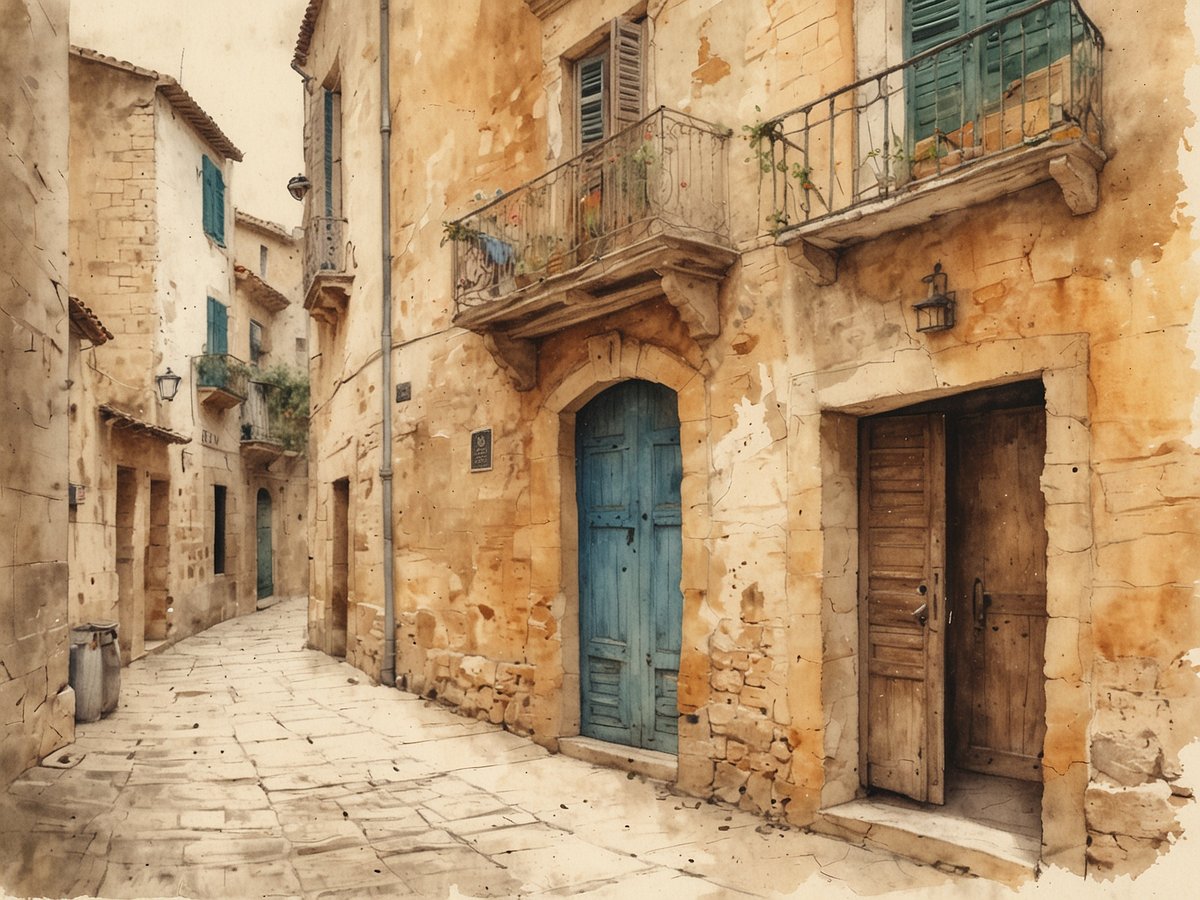 Eine enge Gasse in Llucmajor mit historischen, hellen Steinmauern. Auf der linken Seite steht ein Mülleimer, während rechts die Türen in verschiedenen Farbtönen, darunter ein auffälliges Blau, zu sehen sind. Balkone mit grünen Fensterläden und Gewächsen verleihen der Szenerie ländliche Ruhe. Die gepflasterte Straße ist gut erhalten und führt weiter in die Gasse.