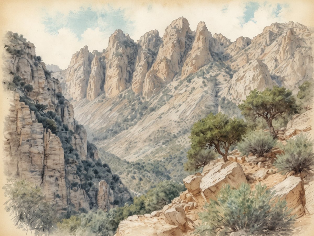 Eine majestätische Berglandschaft mit steilen, zerklüfteten Felsen erstreckt sich in einem vallonierten Tal. Die Berge sind reich an Struktur und zeigen natürliche Schichten und Rillen, die die geologische Geschichte der Region widerspiegeln. Im Vordergrund sind verstreute Felsen und Büsche zu sehen, die der Szene Tiefe verleihen. Einige grüne Bäume ragen in die Höhe und harmonieren mit der rauen Schönheit der Landschaft. Ein klarer Himmel mit sanften Wolken ergänzt das Bild und lädt zu einem Wanderabenteuer in dieser geschichtsträchtigen Region ein.