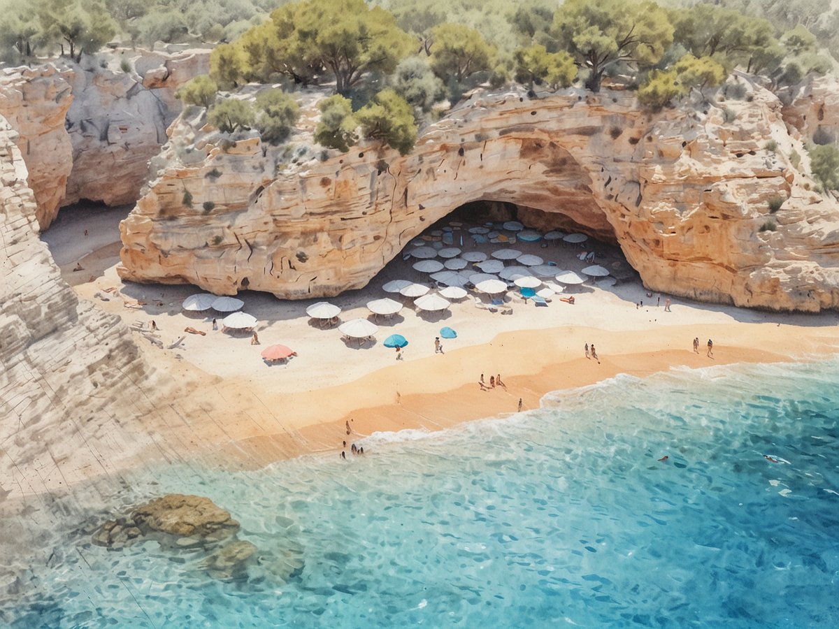 Eine idyllische Bucht mit goldenem Sand und sanften Wellen, umgeben von beeindruckenden Felsformationen. Unter schattenspendenden Sonnenschirmen genießen Besucher die Sonne, während einige am Wasser spielen. Das klare, türkisfarbene Wasser lädt zum Schwimmen ein, und die Umgebung ist von üppigem Grün gesäumt, was eine entspannte, romantische Atmosphäre schafft. ideal für eine Auszeit in Cala Pi.