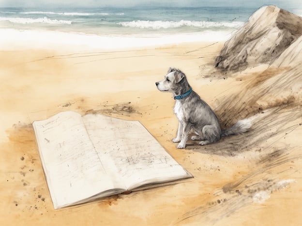 Auf dem Bild ist ein Hund zu sehen, der an einem Strand sitzt, neben einem geöffneten Buch. Der Strand wirkt ruhig, mit sanften Wellen und einem malerischen Hintergrund. 

Wenn du mit deinem Hund an geheimen Stränden in Portugal oder Frankreich entspannen möchtest, gibt es einige beeindruckende Orte:

1. **Praia da Ursa, Portugal**: Dieser versteckte Strand in der Nähe von Sintra ist berühmt für seine dramatische Landschaft und bietet viel Platz für Hunde.

2. **Plage de la Pointe d