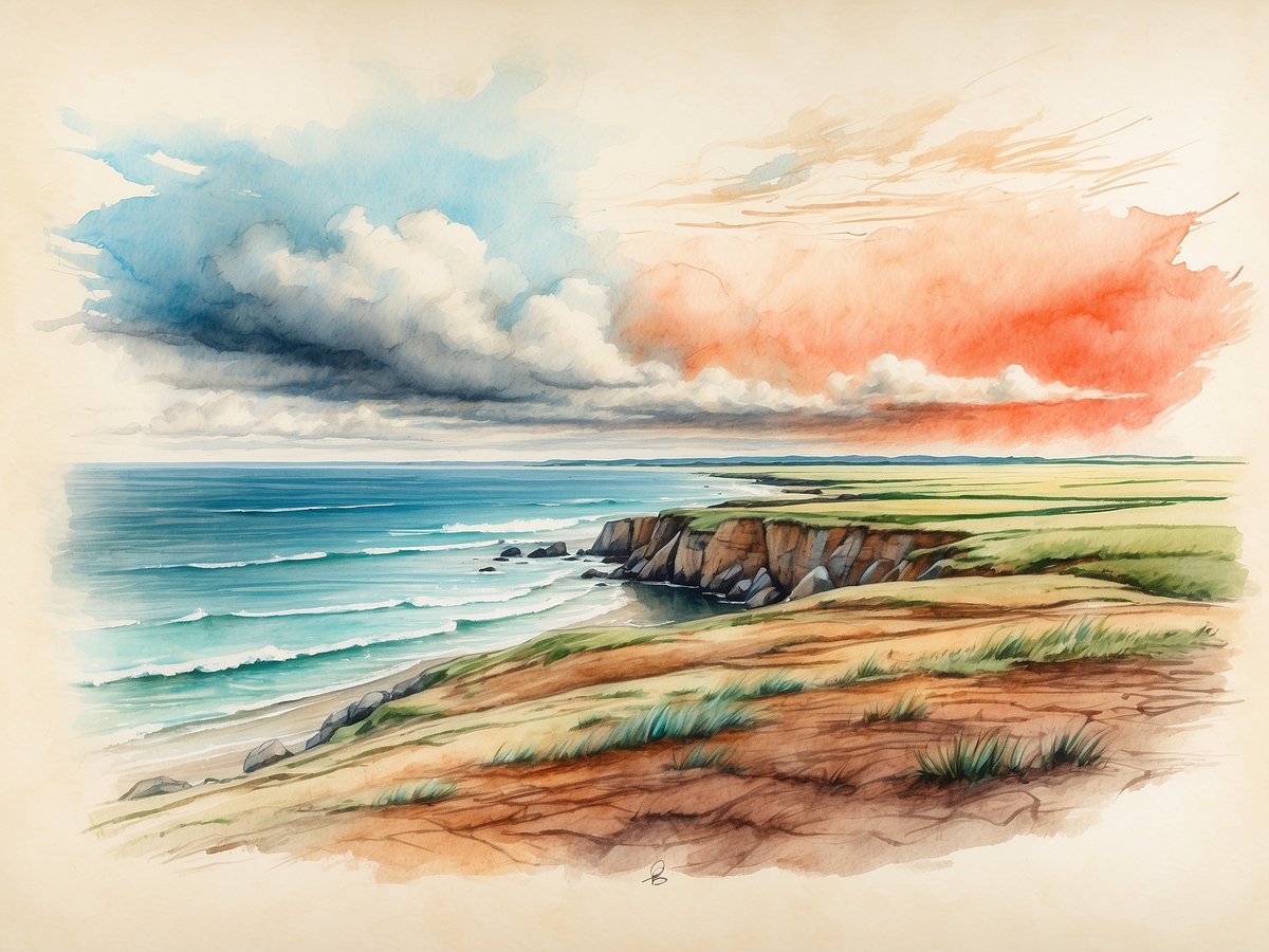 Eine malerische Landschaftsskizze von Friedrichskoog, die die Küste zeigt. Im Vordergrund verläuft ein sanfter Hang mit braunem Boden und grünem Gras. Die Klippen sind sichtbar, die ins Meer fallen. Das Wasser hat verschiedene Blau- und Türkistöne, während an der Wasseroberfläche Wellen zu sehen sind. Im Hintergrund erstreckt sich der Himmel, der in zwei Farbtöne unterteilt ist: links in sanftem Blau mit Wolken und rechts in einem warmen Rot-Orange-Horizont. Die gesamte Szene vermittelt eine ruhige und malerische Stimmung, ideal für Naturliebhaber.