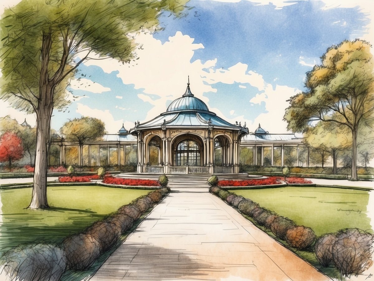 Eine malerische Darstellung eines Pavillons im Bagatelle Park in Frankreich. Der Pavillon mit einem blauen Dach steht im Mittelpunkt und ist von gepflegten Grünflächen umgeben. Bunte Blumenbeete und Sträucher schmücken den Rasen, während hohe Bäume Schatten spenden. Der Himmel ist klar mit einigen dekorativen Wolken, die der Szenerie eine friedliche Atmosphäre verleihen. Der Weg aus Stein führt direkt auf den Pavillon zu und lädt Besucher ein, die Schönheit des Parks zu genießen.