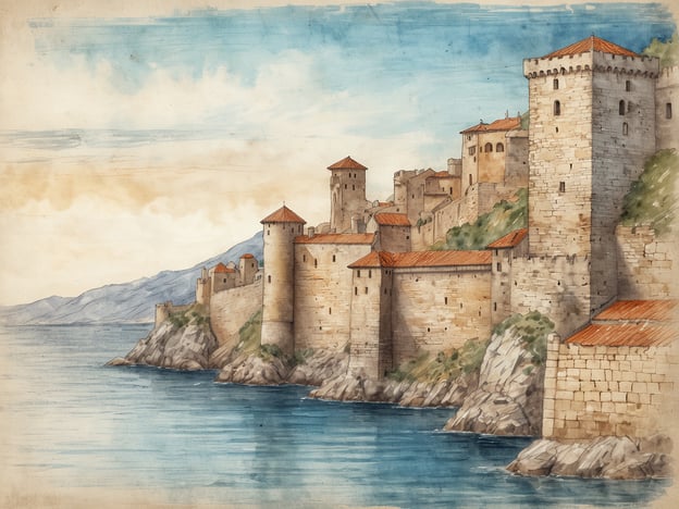 Auf dem Bild ist eine Darstellung einer Küstenlandschaft mit historischen Gebäuden und Türmen zu sehen, die an die Altstadt von Dubrovnik, Kroatien, erinnert. Die Architektur ist typisch für die Region, mit robusten Steinmauern und roten Ziegeldächern. Im Hintergrund sind sanfte Hügel zu erkennen, während das Wasser ruhig und blau wirkt. Das Gesamtbild vermittelt eine malerische, historische Atmosphäre.