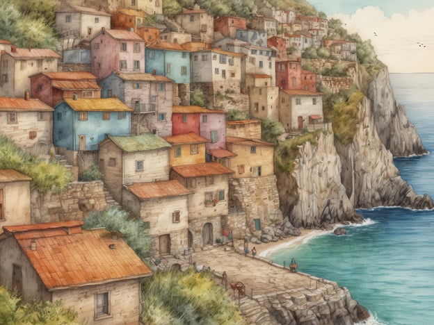 Auf dem Bild ist eine malerische Küstenlandschaft zu sehen, die an die Cinque Terre in Italien erinnert. Hier sieht man bunte Häuser, die an einem steilen Hang gebaut sind und mit maritimen Elementen umgeben sind. Der Blick reicht auf das klarem Wasser des Meeres, das an die felsige Küste schwappt. Diese Szenerie vermittelt eine friedliche und idyllische Atmosphäre, typisch für die charmanten Dörfer der Cinque Terre.