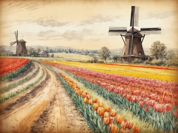 Auf dem Bild ist eine malerische holländische Landschaft zu sehen. Die Schönheit der holländischen Landschaften wird durch die bunten Tulpenfelder ergänzt, die in leuchtenden Farben blühen. Im Hintergrund stehen traditionelle Windmühlen, die typisch für die Region sind, und die sanfte Hügellandschaft trägt zur idyllischen Atmosphäre bei. Der gewundene Weg, der durch die Felder führt, lädt dazu ein, die Vielfalt und den Charme dieser ländlichen Idylle zu erkunden.