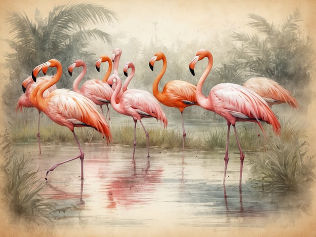 Auf dem Bild sind mehrere Flamingos, die in einer ruhigen Gewässerlandschaft stehen. Diese einzigartige Tierbeobachtung am Lake Nakuru zeigt die wunderschönen rosa und weißen Farben der Vögel, die in einer malerischen Umgebung mit Pflanzen und reflektierendem Wasser eingebettet sind. Flamingos sind bekannt für ihre eleganten Bewegungen und ihre auffällige Farbe, die durch ihre Ernährung beeinflusst wird.