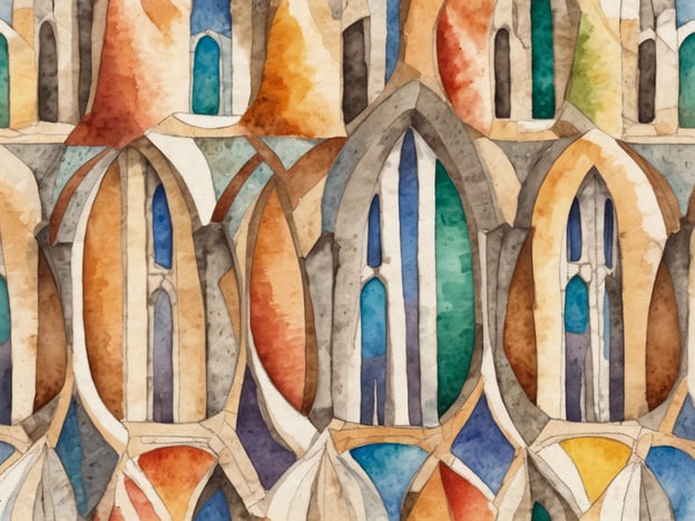 Auf dem Bild sind abstrakte Formen und Farben zu sehen, die an die Sagrada Familia erinnern. Die Gestaltung könnte Elemente der Architektur oder der Fenster dieser berühmten Kathedrale widerspiegeln, mit einem Spiel aus verschiedenen Farben und geometrischen Formen.