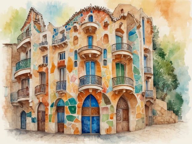 Auf dem Bild ist eine künstlerische Darstellung eines farbenfrohen Hauses zu sehen, das an den Stil von Antoni Gaudí erinnert, der auch für seine Werke im Parc Güell bekannt ist. Die Fassade des Hauses ist mit bunten, asymmetrischen Platten gestaltet, ähnlich den mosaikartigen Elementen, die im Parc Güell zu finden sind. Das Gebäude hat geschwungene Formen und Balkone, was typisch für Gaudís architektonische Designs ist.