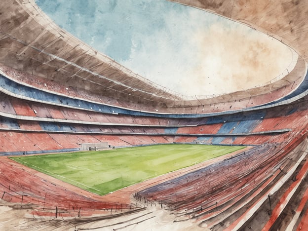 Auf dem Bild ist eine künstlerische Darstellung des Camp Nou zu sehen, dem berühmten Stadion des FC Barcelona. Es zeigt die Innenansicht des Stadions mit den Tribünen, dem Spielfeld und dem offenen Himmel darüber. Die Kombination aus roten und blauen Farben spiegelt die Teamfarben wider, und die Szenerie vermittelt ein Gefühl von Weite und Atmosphäre, die typisch für große Fußballveranstaltungen ist.