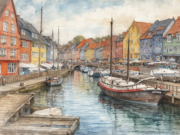 Auf dem Bild ist die charmante Küstenstadt Aarhus zu sehen. Es zeigt eine malerische Hafenansicht mit bunten Häusern, die das Wasser säumen, und mehreren Booten, die im Hafen liegen. Die sanften Farben und die ruhige Atmosphäre verleihen der Szene einen einladenden Charakter. Die Architektur und die Anordnung der Gebäude unterstreichen das maritime Flair dieser Stadt.