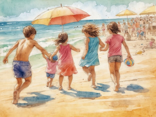 Auf dem Bild sind mehrere Kinder zu sehen, die an einem Strand am Mittelmeer spielen. Sie halten sich an den Händen und laufen fröhlich dem Wasser entgegen. Im Hintergrund sieht man viele Menschen, die sich am Strand aufhalten, sowie Sonnenschirme, die für Schatten sorgen. Es vermittelt eine Atmosphäre von Spaß und Unbeschwertheit, typisch für einen Familienurlaub am Mittelmeer.