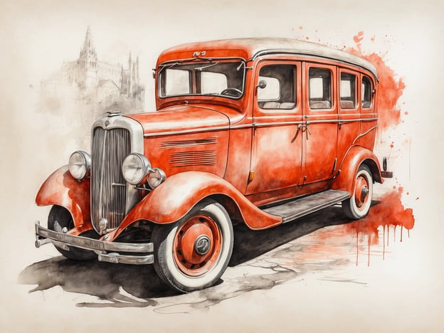 Auf dem Bild ist ein klassisches rotes Auto zu sehen, das an die 1930er Jahre erinnert. Es hat geschwungene Linien und nostalgische Details, die es zu einem echten Blickfang machen.

Hier sind einige Tipps für einen unvergesslichen Tag:

1. **Themenfahrt planen**: Mach eine Spritztour mit einem Oldtimer oder besuche ein Oldtimertreffen in deiner Nähe. Das bringt nostalgische Erinnerungen zurück.

2. **Picknick im Freien**: Packe ein leckeres Picknick und genieße es in einem schönen Park oder an einem malerischen Ort während deiner Fahrt.

3. **Historische Orte erkunden**: Besuche Sehenswürdigkeiten oder Museen, die die Geschichte des Automobils oder der Region dokumentieren.

4. **Fotowettbewerb**: Mache Fotos von interessanten Orten und Autos und teile sie mit Freunden oder in sozialen Medien. Das hält die Erinnerungen lebendig.

5. **Abendessen in einem Diner**: Beende den Tag in einem Retro-Diner, um die nostalgische Stimmung noch zu verstärken.

Viel Spaß bei deinem Abenteuer!