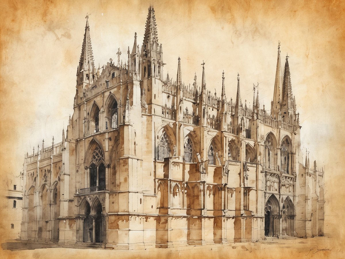Das Bild zeigt eine detaillierte Darstellung einer imposanten Kathedrale mit mehreren spitzen Türmen und reich verzierten Fassaden. Die Architektur ist im neugotischen Stil gehalten, mit hohen Fenstern und kunstvollen Einritzungen. Die Struktur wirkt majestätisch und aufwendig, umgeben von einem sanften, sepiafarbenen Hintergrund, der die altehrwürdige Atmosphäre des Gebäudes unterstreicht. Die Kathedrale von Palma de Mallorca wird oft für ihre eindrucksvolle Bauweise und die Nähe zum Wasser bewundert.
