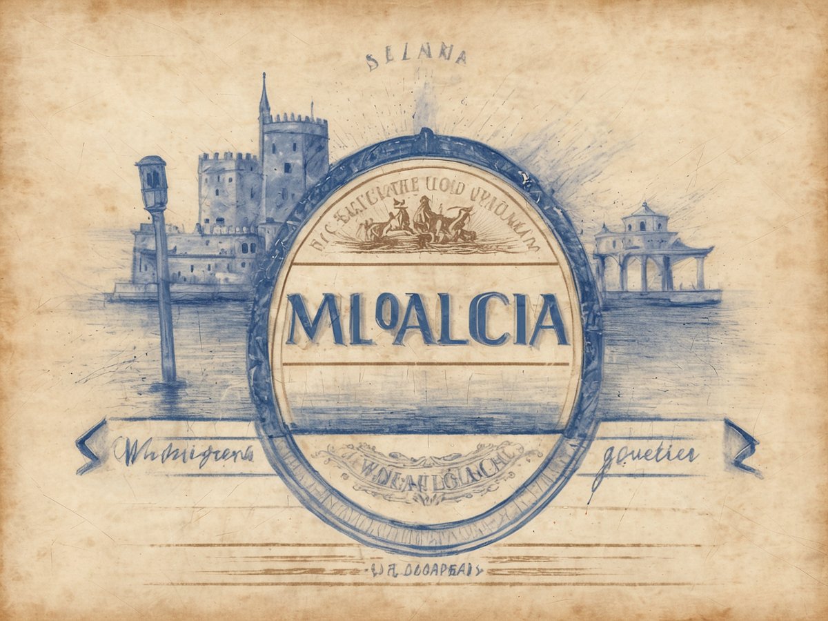 Das Bild zeigt eine alte Illustration mit einer ovalen Medaille, auf der das Wort "MLOALCIA" zentral platziert ist. Hinter der Medaille sind verschiedene architektonische Elemente zu sehen, darunter ein Turm und eine Brücke, die sich über ein Gewässer erstrecken. Die gesamte Farbpalette ist in Blau- und Beige-Tönen gehalten, was ein nostalgisches Gefühl vermittelt. Oben im Bild steht der Schriftzug "BELANA" und am unteren Rand befinden sich geschwungene Schriftzüge. Die künstlerische Gestaltung wirkt antiquiert und erinnert an historische Tage.