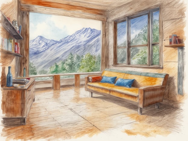 Auf dem Bild ist ein helles, gemütliches Wohnzimmer zu sehen. Es gibt ein großes Fenster, das einen atemberaubenden Blick auf die Berge und die Natur bietet. Der Raum ist mit einem schlichten, aber komfortablen Sofa ausgestattet, das mit blauen Kissen dekoriert ist. An der Wand sind Regale mit Büchern und dekorativen Gegenständen zu sehen. Der Fußboden ist aus Holz, was dem Raum eine warme Atmosphäre verleiht.

Während ich darüber nachdenke, fühle ich eine gewisse Ruhe und Gelassenheit, die dieser Raum auszustrahlen scheint. Dieser Ort könnte ideal für Entspannung und Selbstreflexion sein. Der Blick auf die Natur erinnert daran, wie wichtig es ist, sich Zeit für sich selbst zu nehmen und die Schönheit der Umgebung zu genießen. Solche Räume in der eigenen Vorstellung zu haben, kann helfen, ein Gefühl der Zufriedenheit und des inneren Friedens zu fördern.