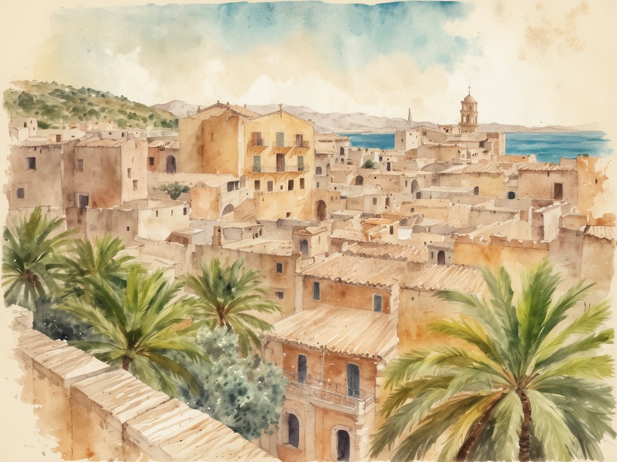 Die Ansicht zeigt eine malerische Szenerie von Palma mit einer Vielzahl von historischen Gebäuden und verwinkelten Gassen. Im Vordergrund sind grüne Palmen zu sehen, die eine tropische Atmosphäre vermitteln. Die Architektur umfasst hell gefärbte Gebäude mit traditionellen Dachstrukturen. Im Hintergrund erstreckt sich das azurblaue Meer und sanfte Hügel, die die Szene umrahmen. Diese Darstellung fängt die charmante Mischung aus historischer und kultureller Schönheit von Palma ein und lädt dazu ein, die versteckten Schätze der Stadt zu entdecken.