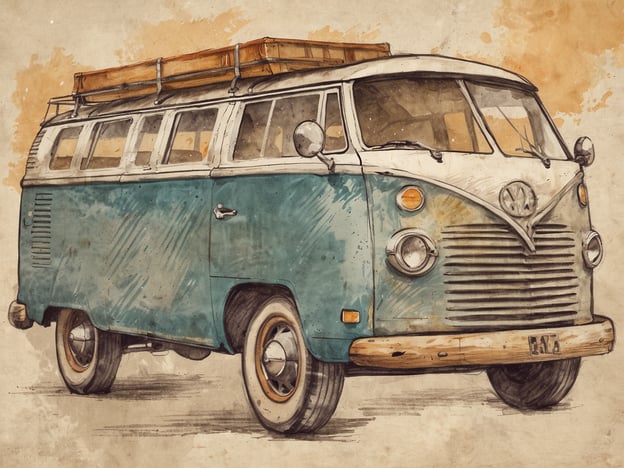 Auf dem Bild ist ein klassischer VW-Bus zu sehen, der in einem nostalgischen, aquarellähnlichen Stil dargestellt ist. Dieses Fahrzeug erinnert an Abenteuer und Ausflüge in die Natur. Die Idee des Mikroabenteuers passt perfekt dazu: Man könnte mit Freunden oder der Familie ein Wochenende im VW-Bus verbringen, auf unentdeckte Plätze fahren, die Maniküre des Alltags hinter sich lassen und die Freiheit der Straße genießen. Ein Mikroabenteuer könnte beispielsweise eine kurze Reise zu einem nahegelegenen See oder eine Übernachtung im Freien sein, um den Sternenhimmel zu beobachten. Der VW-Bus dient dabei als idealer Begleiter für spontane Erkundungen und kleine Abenteuer.