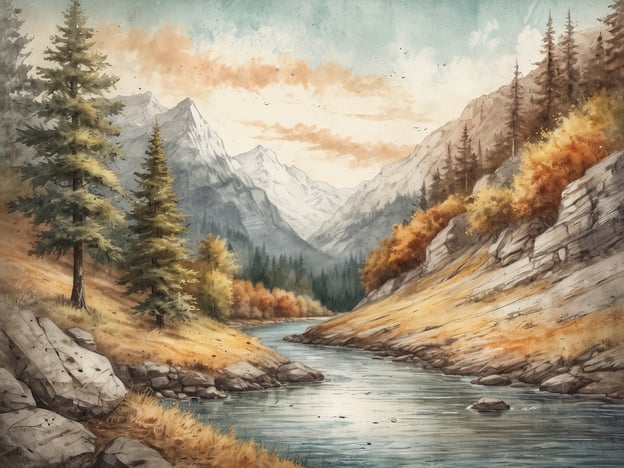 Auf dem Bild ist eine malerische Landschaft mit einem ruhigen Fluss zu sehen, der sich zwischen sanften Hügeln und hohen Bergen schlängelt. Die Ufer sind mit verschiedenen Bäumen und herbstlichem Laub geschmückt, was das Bild zu einem harmonischen Naturerlebnis macht. Der Himmel ist von sanften Farben durchzogen, und die gesamte Szenerie strahlt Ruhe und Schönheit aus. Solch ein Anblick lädt zum Verweilen und Entspannen in der Natur ein.