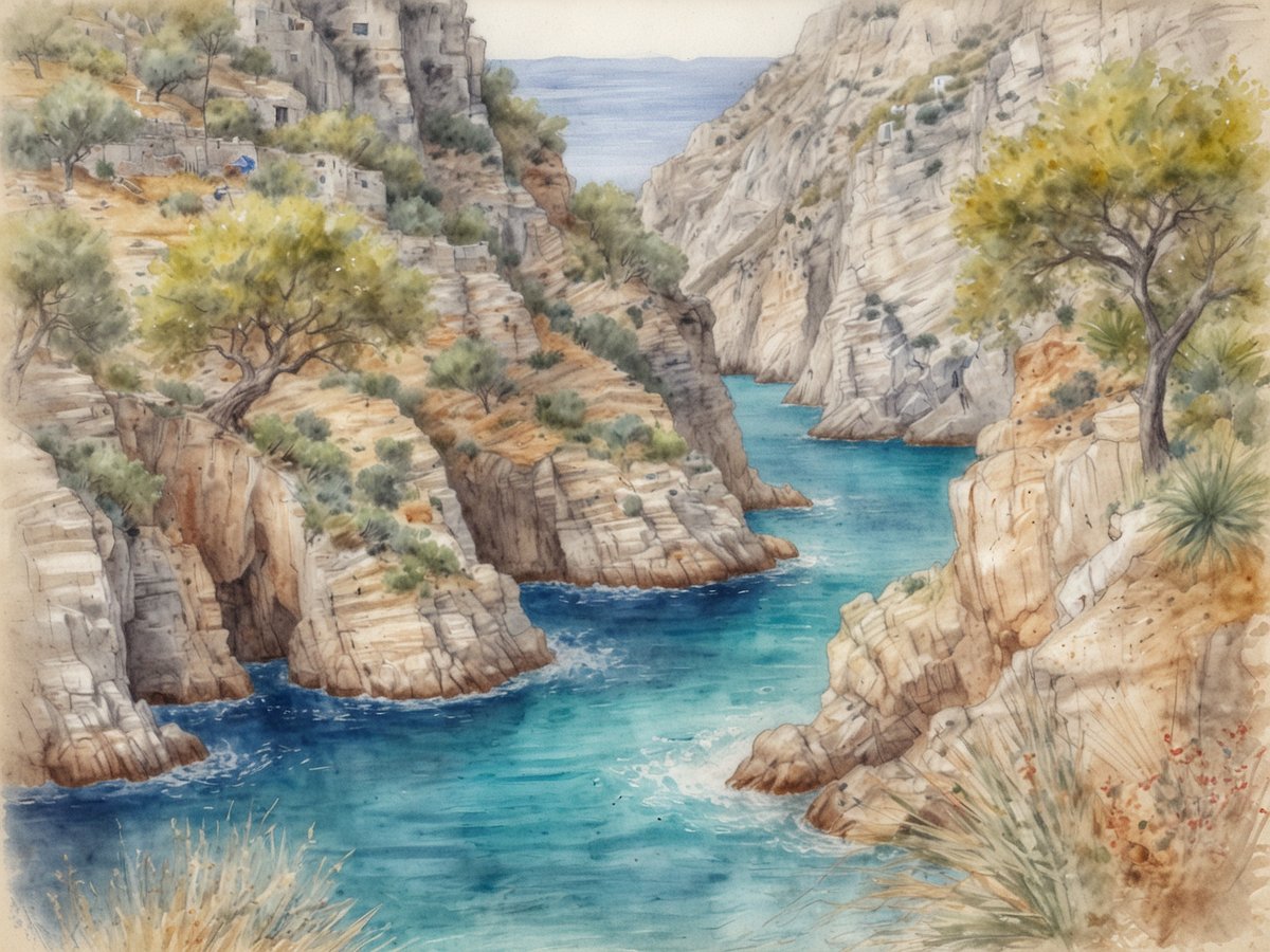Eine malerische Küstenlandschaft im Westen Mallorcas, die zerklüfteten Felsen umgeben eine ruhige, türkisfarbene Bucht. Im Hintergrund sind sanfte Hügel und mediterrane Vegetation sichtbar. Die Szene strahlt eine unberührte Naturschönheit aus, ideal für Entdecker und Naturliebhaber.