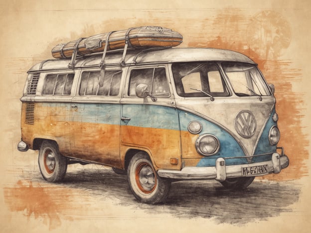 Auf dem Bild ist ein vintage Volkswagen Bus zu sehen, der in einer künstlerischen, skizzierten Weise dargestellt ist. Der Bus hat eine charakteristische Form und ist in leuchtenden Farben, wie Blau und Orange, lackiert. Auf dem Dach sind zwei Holzbohlen befestigt, die darauf hindeuten, dass das Fahrzeug für Reisen oder Outdoor-Aktivitäten vorbereitet ist. Der Hintergrund ist in sanften Tönen gehalten, was der gesamten Darstellung ein nostalgisches Flair verleiht.