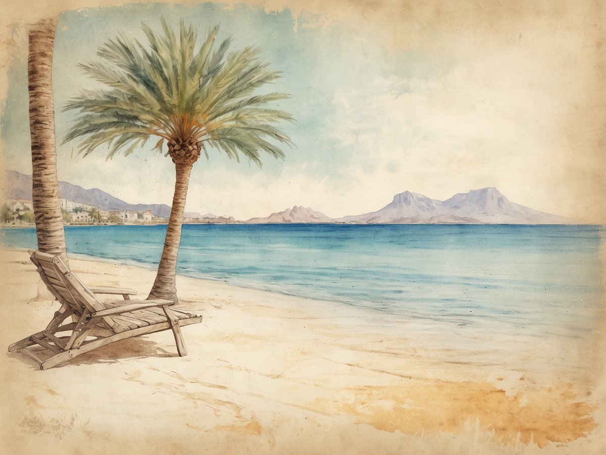 Ein ruhiger Strand mit feinem Sand, an dem ein Holzliegestuhl steht. Im Vordergrund ragen hohe Palmen in den klaren Himmel. Der glitzernde Ozean erstreckt sich bis zum Horizont, wo sanfte Hügel in der Ferne sichtbar sind. Diese Szenerie verkörpert das historische Flair und die traumhaften Strände von Alcudia, umgeben von einer idyllischen Naturkulisse.