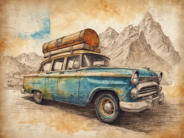 Auf dem Bild ist ein nostalgisches Auto zu sehen, das im Vintage-Stil illustriert ist. Es handelt sich um ein blaues Fahrzeug mit einer abgenutzten Lackierung und einem großen Gepäckträger auf dem Dach, auf dem ein Koffer liegt. Die Kulisse zeigt einige Berge im Hintergrund, die dem Bild eine abenteuerliche Atmosphäre verleihen. Der gesamte Eindruck vermittelt ein Gefühl von Reisen und Erkundung in der Natur.