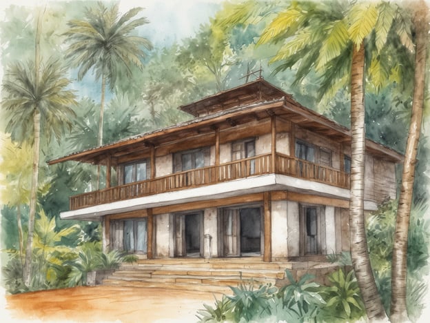 Auf dem Bild ist ein Gebäude zu sehen, das in eine tropische Umgebung eingebettet ist. Es scheint eine ruhige, entspannende Atmosphäre zu schaffen, die ideal für eine Ayurveda-Kur in Sri Lanka ist. Die Architektur ist im natürlichen Stil gehalten, mit Holzverzierungen und großen Fenstern, die viel Licht hereinlassen. Umgeben von üppigem Grün und Palmen, könnte dieser Ort ein perfekter Rückzugsort für Wellness und Selbstfürsorge sein.