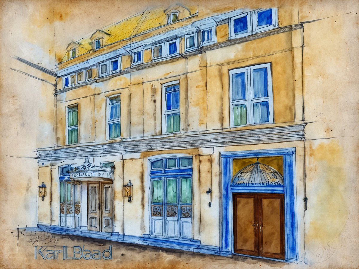 Ein wunderschönes Aquarellbild des Karlsbad Hotels, das die elegante Fassade des Gebäudes zeigt. Die Architektur ist traditionell mit einem warmen, sandfarbenen Anstrich und blauen Fensterrahmungen. Die großen Fenster sind mit grünen und blauen Akzenten verziert, während die Eingangstüren aus dunklem Holz mit kunstvollen Details gestaltet sind. Über dem Eingang prangt ein dekoratives Element, das dem Gebäude zusätzlichen Charme verleiht. Der gesamte Eindruck strahlt eine harmonische Verbindung von Tradition und Luxus aus.