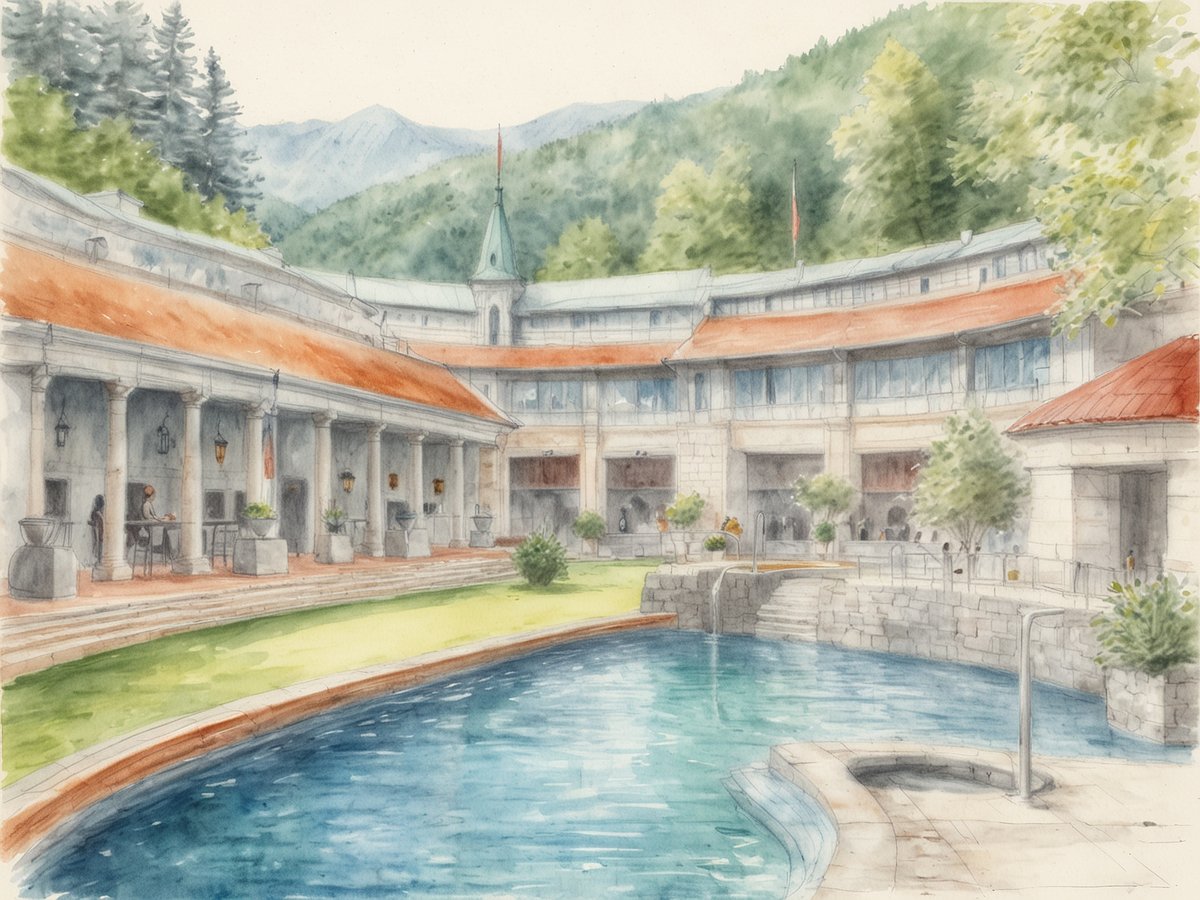 Das Bild zeigt eine malerische Wellness-Anlage in Karlsbad, umgeben von Bergen und Bäumen. Im Vordergrund befindet sich ein stilvoller Pool mit klarem Wasser. Auf der linken Seite sind Säulen mit Laternen, die eine elegante Terrasse flankieren. Einige Menschen sind in der Anlage unterwegs, während Pflanzen und Blumen das Ambiente verschönern. Die Architektur ist harmonisch gestaltet mit roten Dächern und klaren Linien, die eine einladende Atmosphäre schaffen. Im Hintergrund sind die Berge deutlich erkennbar, was zur erholsamen Stimmung des Ortes beiträgt.