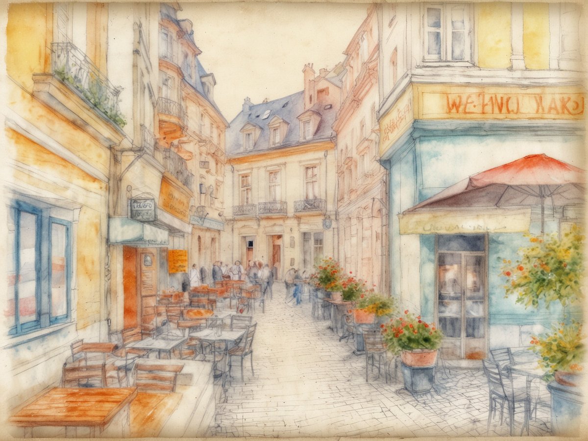 Eine malerische Gasse in Karlsbad, gesäumt von charmanten Restaurants und Cafés. Die Straßenterrassen sind mit Holzstühlen und Tischen ausgestattet, und bunte Blumentöpfe verleihen der Szenerie Leben. Im Hintergrund sind ein paar Passanten zu sehen, die die entspannte Atmosphäre der Kurstadt genießen. Die Gebäude sind im klassischen Stil gehalten, mit großen Fenstern und Balkonen, während ein schattiger Schirm über einem der Tische Schutz bietet.
