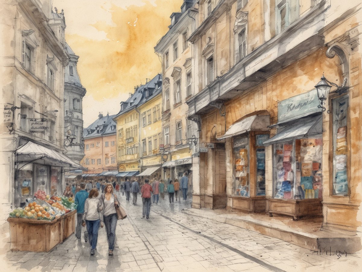 Eine belebte Einkaufsstraße in Karlsbad mit pastellfarbenen Gebäuden und schmalen Gehwegen. Links stehen Obststände mit bunten Früchten, während rechts ein Geschäft mit Schaufenstern zu sehen ist. Menschen schlendern vorbei und genießen das Flair der Stadt, die von warmer Abendstimmung erleuchtet wird. Die Architektur zeigt eine Mischung aus historischen Elementen und gemütlichen Cafés, ideal für Shopping-Enthusiasten.