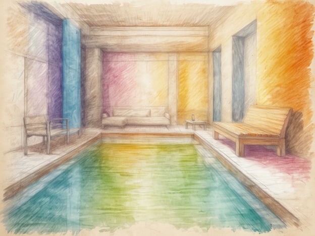 Auf dem Bild ist ein ansprechender Wellnessbereich in einer Therme zu sehen. Der Raum ist hell und freundlich gestaltet, mit einem einladenden Pool in verschiedenen Farben, der zur Entspannung einlädt. Gemütliche Sitzgelegenheiten, wie ein Sofa und eine Bank aus Holz, schaffen ein angenehmes Ambiente, ideal für Erholung und Regeneration. Die bunten Wände und das ruhige Wasser fördern ein Gefühl der Ruhe und des Wohlbefindens, perfekt für eine Auszeit vom Alltag.