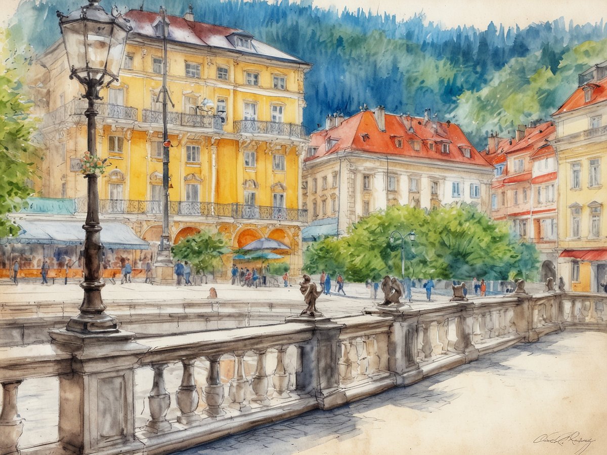 Ein malerischer Platz in Karlsbad, umgeben von historischen Gebäuden mit gelben Außenwänden und roten Dächern. Ein eleganter Laternenpfahl steht im Vordergrund und ist mit Blumen geschmückt. Menschen flanieren entspannt auf dem Platz, während auf der linken Seite ein Pavillon mit Tischen und Stühlen sichtbar ist. Üppiges Grün von Bäumen verleiht der Szene eine lebendige Atmosphäre. Im Hintergrund sind sanfte Hügel zu sehen, die den idyllischen Ort umrahmen.