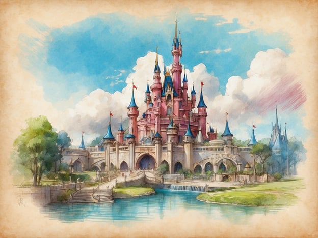 Auf dem Bild ist ein märchenhaftes Schloss zu sehen, das stark an das Dornröschenschloss im Disneyland Paris erinnert. Disneyland Paris wurde 1992 eröffnet und ist bekannt für seine zauberhafte Atmosphäre und die vielen Attraktionen, die auf Disney-Filmen basieren. Das Schloss symbolisiert die magische Welt von Disney und zieht jährlich Millionen von Besuchern an. In diesem Park finden sich neben dem Schloss auch zahlreiche Themenbereiche, die die Besucher in die Geschichten ihrer Lieblingscharaktere eintauchen lassen. Die Architektur des Schlosses ist inspirierend und verbindet mittelalterliche Elemente mit einem Hauch von Fantasy, was es zu einem ikonischen Wahrzeichen des Parks macht.