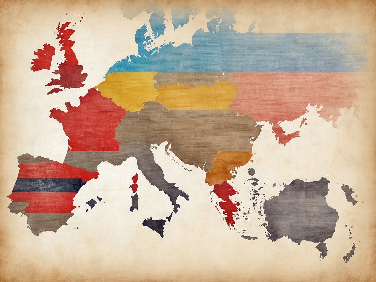 Eine künstlerische Karte von Europa, auf der verschiedene Länder durch unterschiedliche Farben und Streifen dargestellt sind. Die Karte hat einen altmodischen, etwas verwitterten Hintergrund, der die historische und kulturelle Vielfalt des Kontinents symbolisiert. Die Farben sind in unregelmäßigen Mustern angeordnet und repräsentieren eine Vielzahl europäischer Nationen, was die Mehrsprachigkeit und den kulturellen Reichtum Europas unterstreicht.
