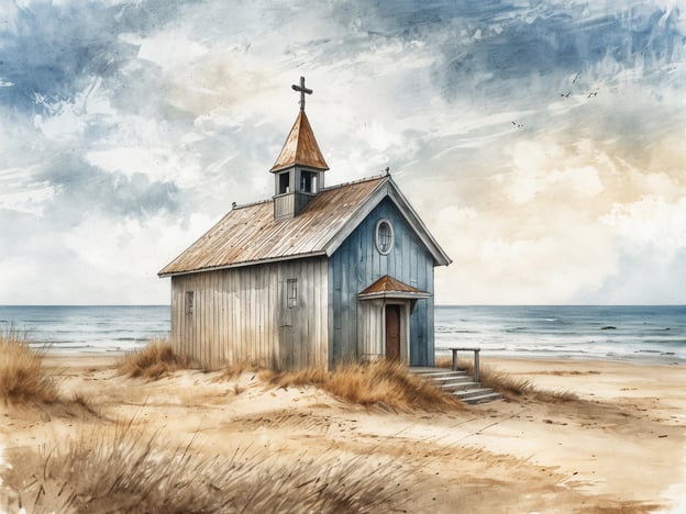 Auf dem Bild ist die Kapelle Ahrenshoop zu sehen, ein Ort der Besinnung am Meer. Die kleine Kapelle, umgeben von Sand und Gras, strahlt eine friedliche Atmosphäre aus und spiegelt die ruhige Küstenlandschaft wider. Der Himmel ist leicht bewölkt, und der Blick auf das Meer vermittelt ein Gefühl der Weite und Stille.