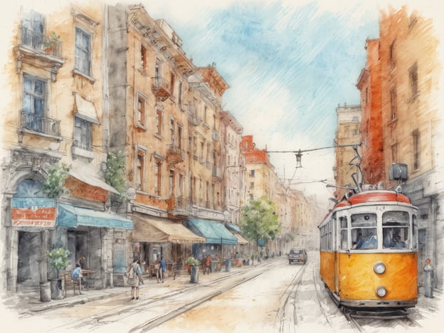 Auf dem Bild sieht man eine charmante Stadtstraße mit bunten, historischen Gebäuden und einer gelben Straßenbahn, die durch die Szenerie fährt. Die Atmosphäre strahlt eine romantische Stimmung aus, ideal für einen Städtetrip. Man kann sich vorstellen, Hand in Hand mit einem geliebten Menschen an den kleinen Cafés und Geschäften vorbei zu schlendern, während die sanften Farben und die malerische Architektur die perfekte Kulisse für unvergessliche Momente bieten. So könnte jede Ausfahrt ein neues, romantisches Abenteuer bedeuten.