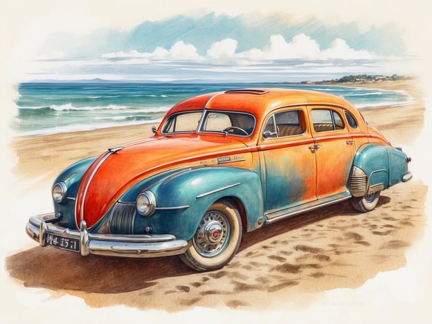 Auf dem Bild ist ein klassisches, farbenfrohes Auto zu sehen, das an einem Strand steht. Die Farben Orange und Blau verleihen dem Fahrzeug ein nostalgisches Flair. Der Hintergrund zeigt eine malerische Küstenlandschaft mit dem Meer und einer bewölkten Himmel. 

Diese Szenerie könnte gut zu einem Themenbereich wie „Vintage-Roadtrip“ oder „Küstenabenteuer“ passen. Die Kombination aus dem Auto und dem Strand vermittelt das Gefühl von Freiheit und Urlaub, was für Attraktionen in Vergnügungsparks oder Naturerlebnisse charakteristisch ist.