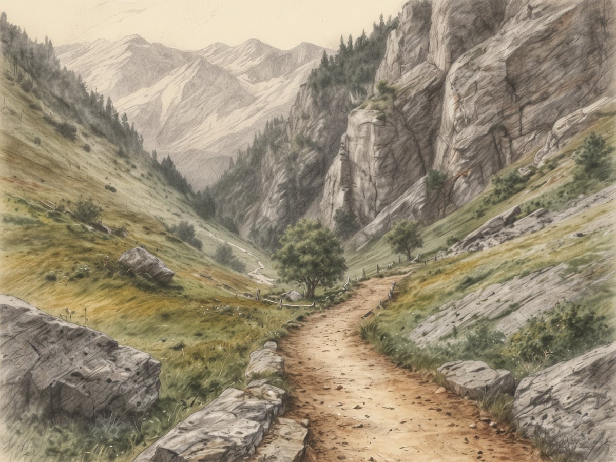 Eine malerische Landschaft mit einem Wanderweg, der sich durch ein grünes Tal schlängelt. Auf beiden Seiten des Weges sind große Felsen und sanfte Hügel mit üppigem Gras und kleinen Büschen zu sehen. Im Hintergrund erheben sich majestätische Berge mit schroffen Gipfeln. Eine kleine Baumgruppe steht in der Mitte des Tals, während ein schmaler Fluss sanft durch die Szenerie fließt. Die Atmosphäre vermittelt ein Gefühl von Ruhe und Naturverbundenheit, ideal für Wanderfreunde in Belgien.