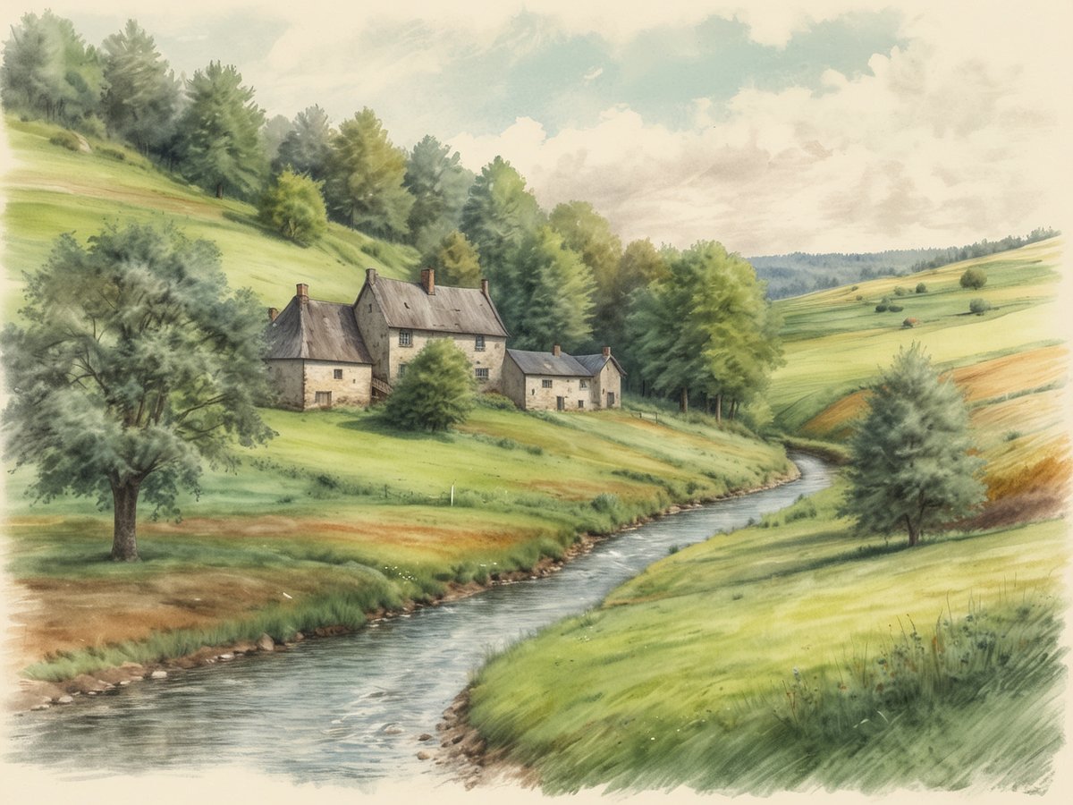 Eine malerische Landschaft in Belgien zeigt sanfte, grüne Hügel mit einem klaren, gewundenen Bach, der durch die Szene fließt. An den Ufern des Baches stehen verwitterte, charmante Steinhäuser, umgeben von üppigem Grün und einzelnen Bäumen. Die sanften Farbtöne des Himmels und die Wolken verleihen dem Bild eine friedliche Atmosphäre, während die Hügel im Hintergrund mit einer Vielzahl von Bäumen bewaldet sind. Diese unberührte Natur und die ländliche Idylle laden zur Erkundung in die grünen Wunder Belgiens ein.