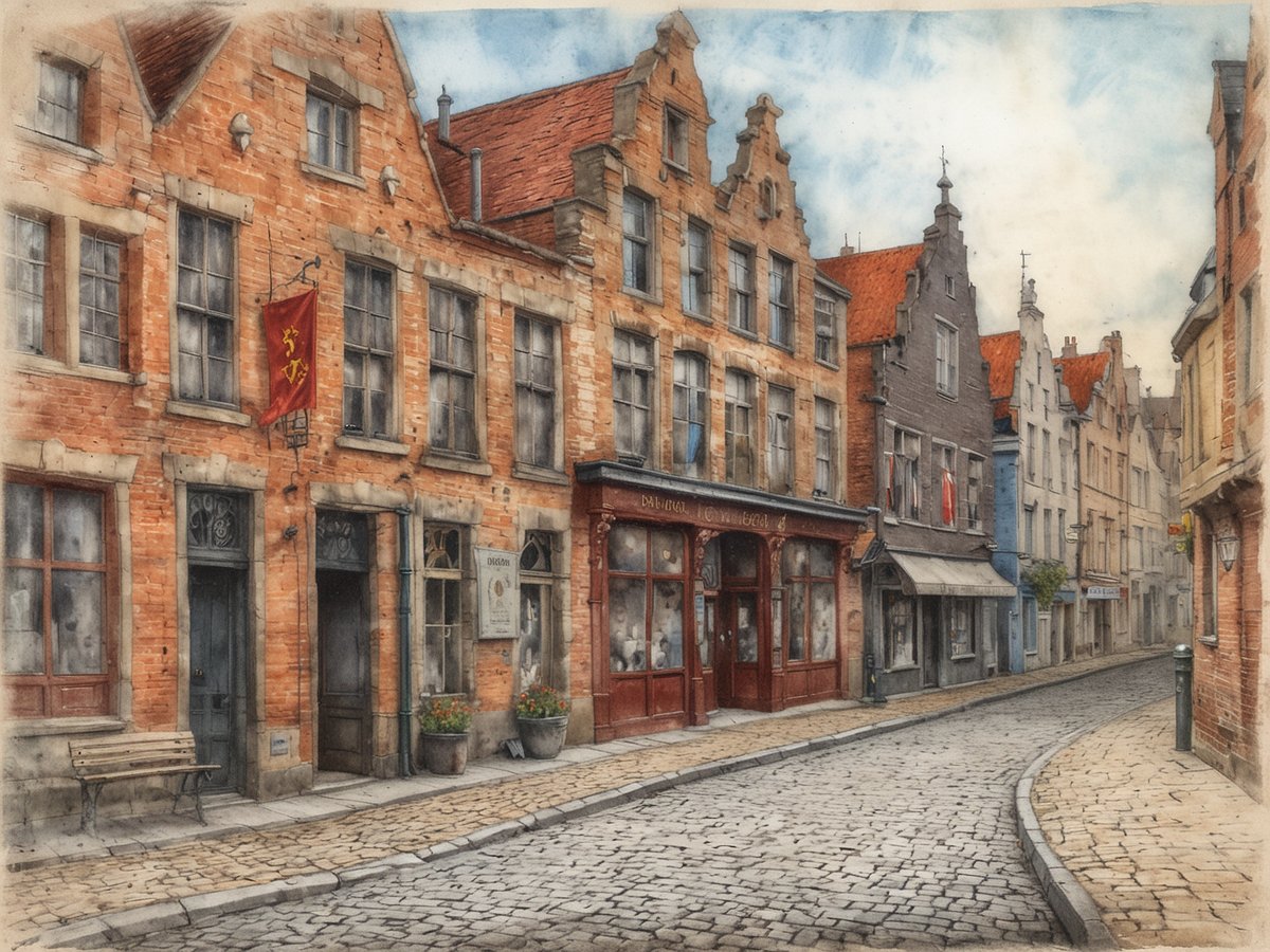 Eine charmante, gepflasterte Straße in einer belgischen Stadt, umgeben von historischen Gebäuden mit roten Ziegelfassaden und kunstvollen Giebeln. In den Fenstern sind verschiedene Schilder und dekorative Elemente zu sehen. Auf der linken Seite steht eine bankartige Sitzgelegenheit, während blühende Pflanzen in Töpfen vor den Geschäften platziert sind. Die Atmosphäre ist malerisch und lädt zum Flanieren ein, was an die reiche Geschichte und das kulturelle Erbe Belgiens erinnert. Der Himmel ist klar und blau, was die Szenerie noch einladender macht.