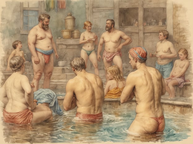 Auf dem Bild sind mehrere Personen zu sehen, die in einem traditionellen Bad oder einer Therme relaxen und sich unterhalten. Diese Szene spiegelt die traditionelle deutsche Badekultur wider, in der Gemeinschafts- und Wohlfühlaspekte eine wichtige Rolle spielen. Die Anwesenden sind überwiegend unbekleidet oder in Badehosen, was typisch für diesen Kontext ist. Es scheint, dass sie entspannen und die Gesellschaft der anderen genießen, was ein zentraler Bestandteil der Badekultur in Deutschland ist. Solche Bäder bieten nicht nur Erholung, sondern auch soziale Interaktionen und ein Gefühl der Gemeinschaft.