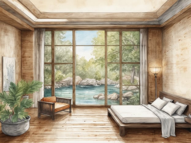 Auf dem Bild ist ein stilvolles und entspannendes Schlafzimmer mit einem einzigartigen SPA-Design zu sehen. Die Wände sind aus warmen Holzmaterialien, und große Fenster bieten einen herrlichen Blick auf eine friedliche, grüne Landschaft und ein Gewässer mit Felsen. Im Raum befinden sich minimalistisch gestaltete Möbel: ein großes, einladendes Bett mit weichen Kissen und eine gemütliche Sitzecke mit einem orangefarbenen Sessel. Eine tropische Pflanze in einem großen Topf ergänzt die natürliche Atmosphäre und sorgt für ein Gefühl von Ruhe und Erholung. Die sanfte Beleuchtung und die erdigen Farbtöne schaffen eine entspannende Umgebung, die ideal für Entspannung und Wohlbefinden ist.