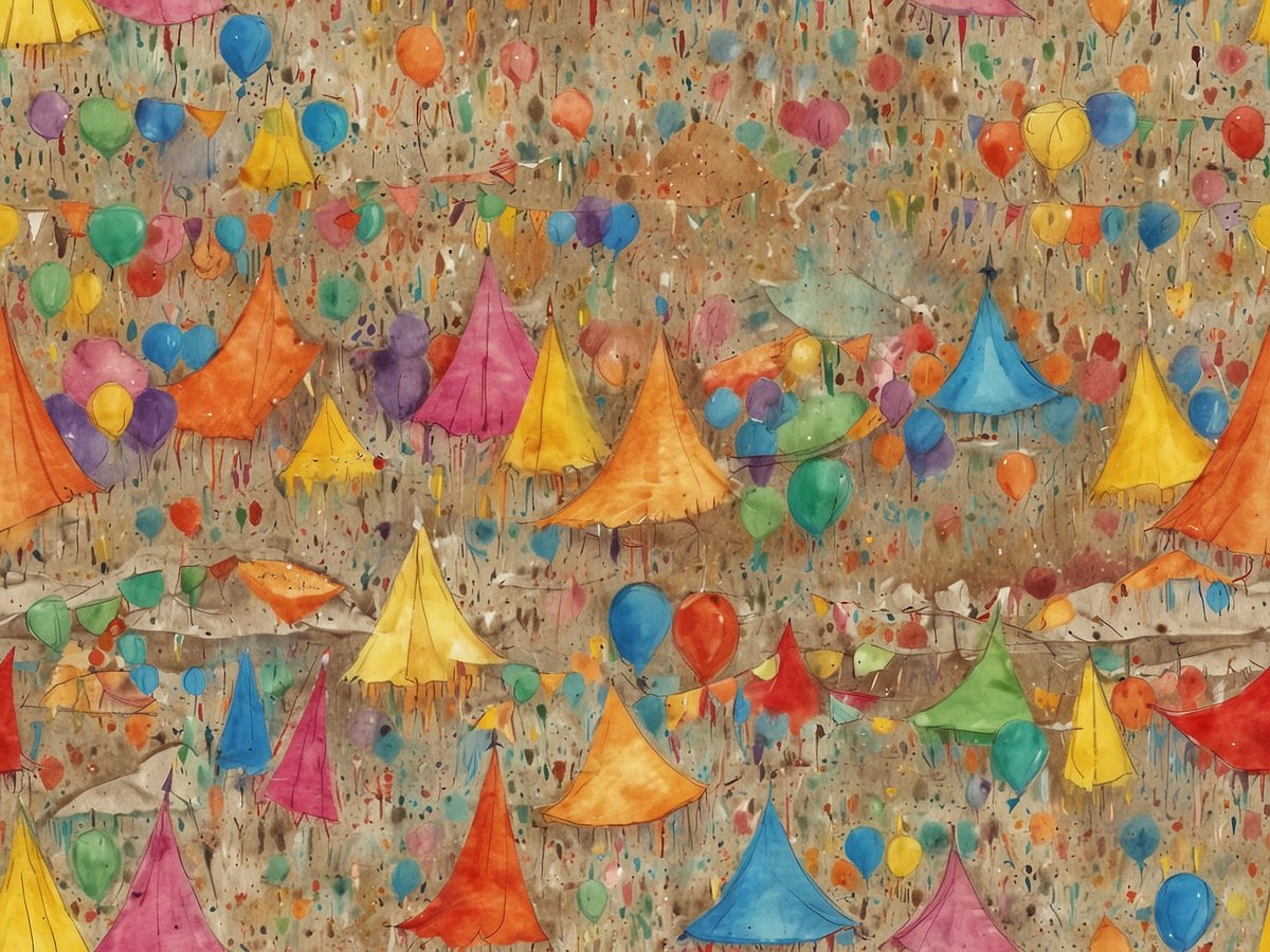 Bunte Zelte in verschiedenen Formen und Farben dominieren die Bildmitte, umgeben von eingesprengten Luftballons in lebhaften Farben. Der Hintergrund ist mit einer texturierten braunen Fläche versehen, die an eine ausgelassene Festivalatmosphäre erinnert. Diese Darstellung spiegelt die lebendige Atmosphäre typischer Festivals in Belgien wider, in denen Farbenfreude und Feiern im Vordergrund stehen.
