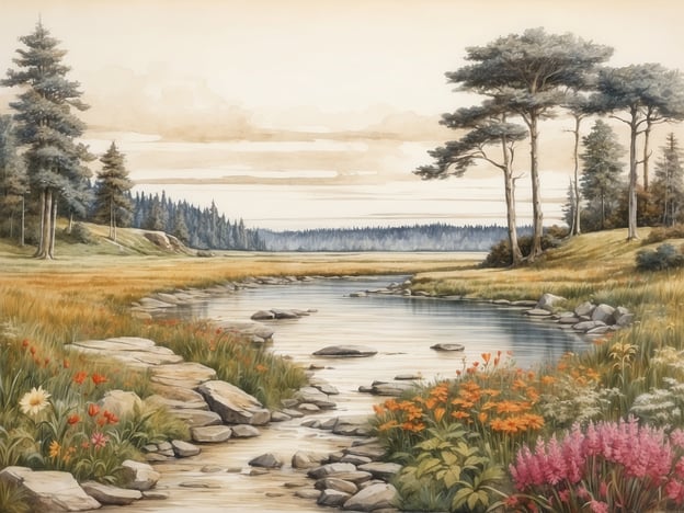 Auf dem Bild ist eine idyllische Landschaft zu sehen. Es zeigt einen ruhigen Fluss, der von bunten Blumen und Steinen umgeben ist. Im Hintergrund sind Bäume und sanfte Hügel zu sehen, während der Himmel mit Wolken gefüllt ist, die eine friedliche Atmosphäre schaffen. Die Farben sind sanft und harmonisch, was der Szene einen malerischen Charakter verleiht.