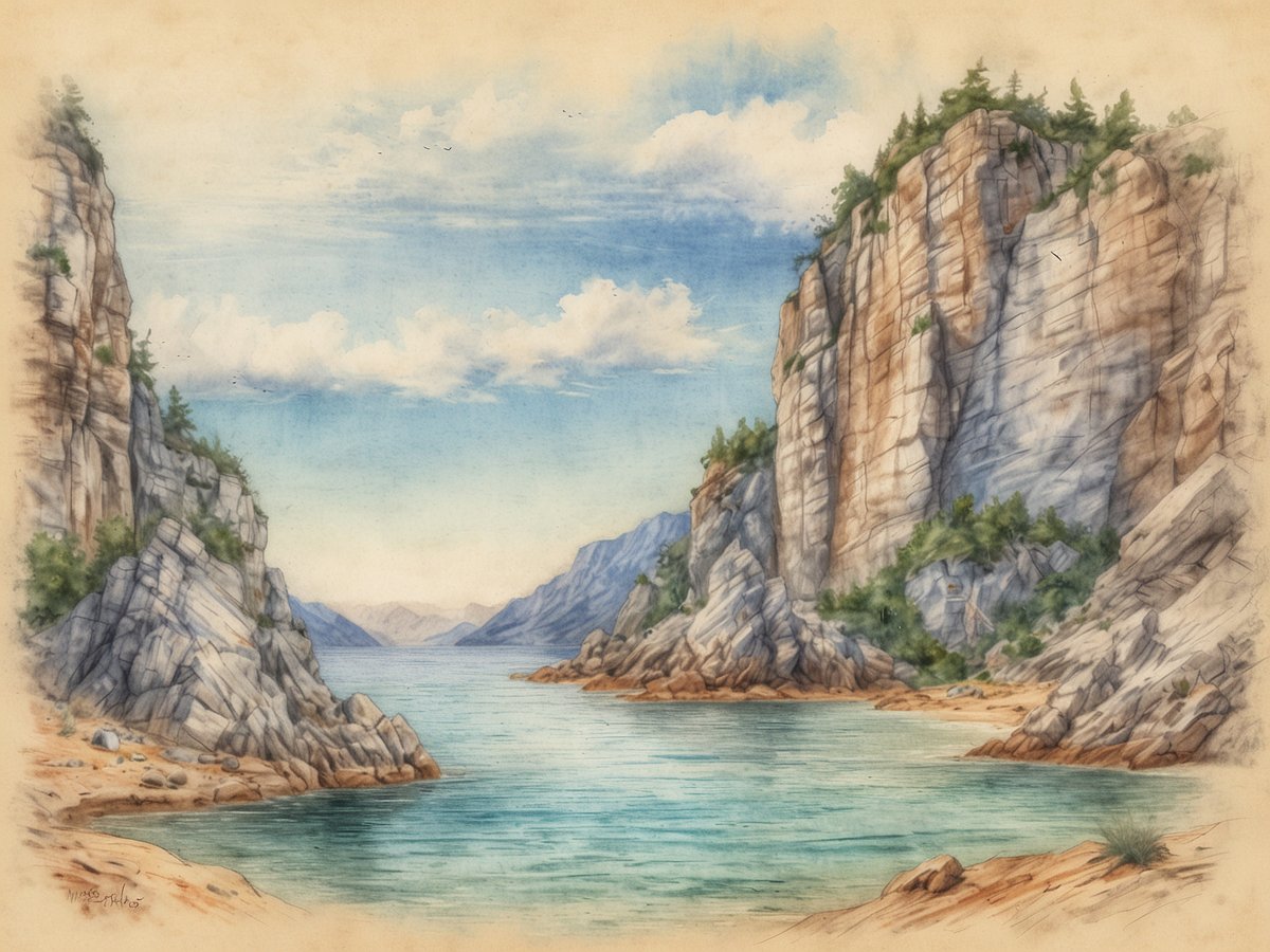 Eine malerische Landschaft mit steilen Felsen, die zu einem ruhigen, türkisfarbenen Gewässer führen. Im Hintergrund erstrecken sich sanfte Hügel und Berge unter einem blauen Himmel, der mit einigen weißen Wolken geschmückt ist. An den Felsen wachsen vereinzelte grüne Bäume, die die raue Schönheit der Natur unterstreichen. Diese idyllische Szene ruft ein Gefühl von Ruhe und Abgeschiedenheit hervor und eignet sich gut als Symbol für die entspannte Atmosphäre der Kanarischen Inseln.