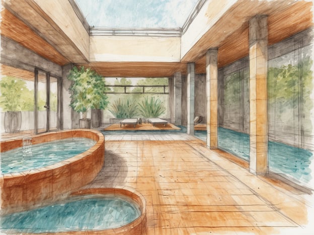 Auf dem Bild ist eine künstlerische Darstellung eines Innenraums mit Wassertanks und Terrassen. Es sieht aus wie ein gemütlicher Wellnessbereich, möglicherweise in einem Spa oder einer Therme. Die Architektur ist modern, mit großen Fenstern, die natürliche Licht hereinscheinen lassen. Es gibt Pflanzen und eine entspannte Atmosphäre, die zum Entspannen einlädt. Dies könnte eine Darstellung des Liquidrom in Düsseldorf sein, das für seine Thermalbäder und Wellnessmöglichkeiten bekannt ist.