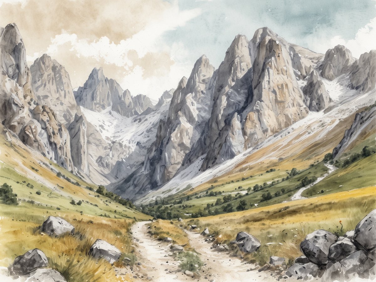 Eine malerische Landschaft der Picos de Europa zeigt hohe, majestätische Berge, die von schroffen Felsen und einer schneebedeckten Fläche geprägt sind. Im Vordergrund verläuft ein schmaler Weg durch eine grüne, sanft geschwungene Wiese, die mit großen Steinen durchzogen ist. Die Berge im Hintergrund erheben sich dramatisch gegen einen wolkigen Himmel, während die sanften Hügel und das ruhige Tal eine einladende Atmosphäre für Wanderer schaffen.